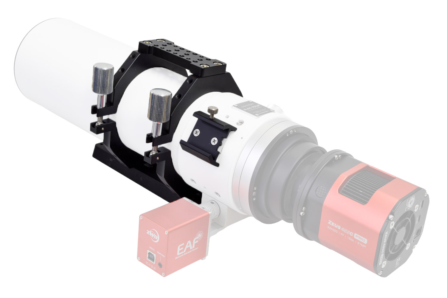 SJH-75UF with tube rings, top plate and dovetail bar attached, plus accessory example