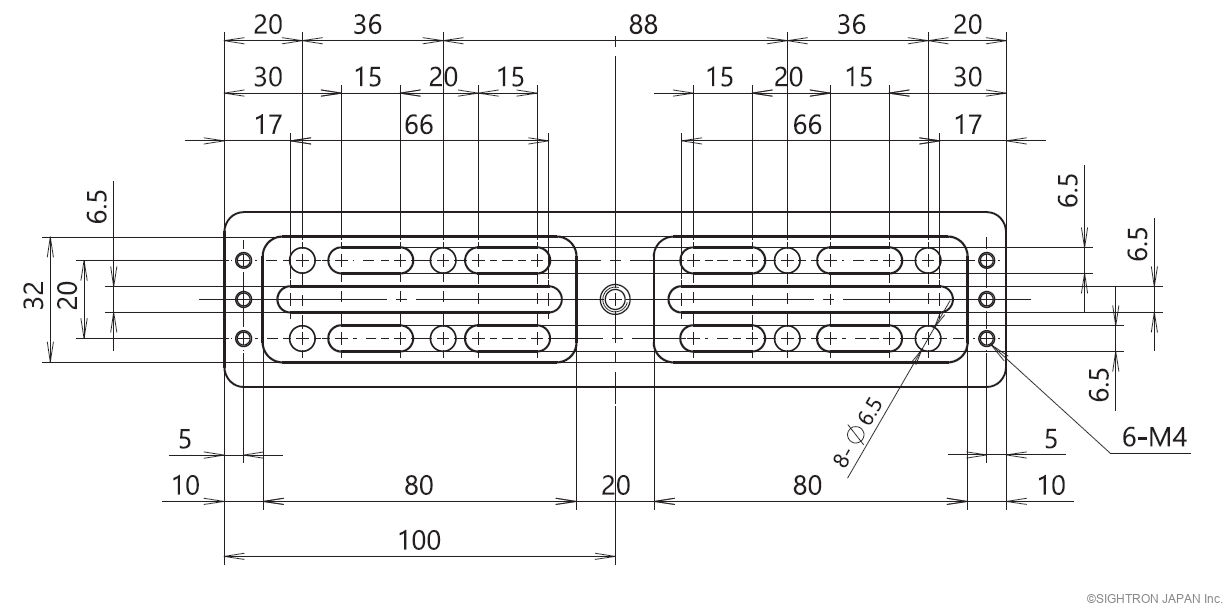 SJH-75UF included dovetail bar dimensional drawing — 45 mm narrow plate, mounting hole layout