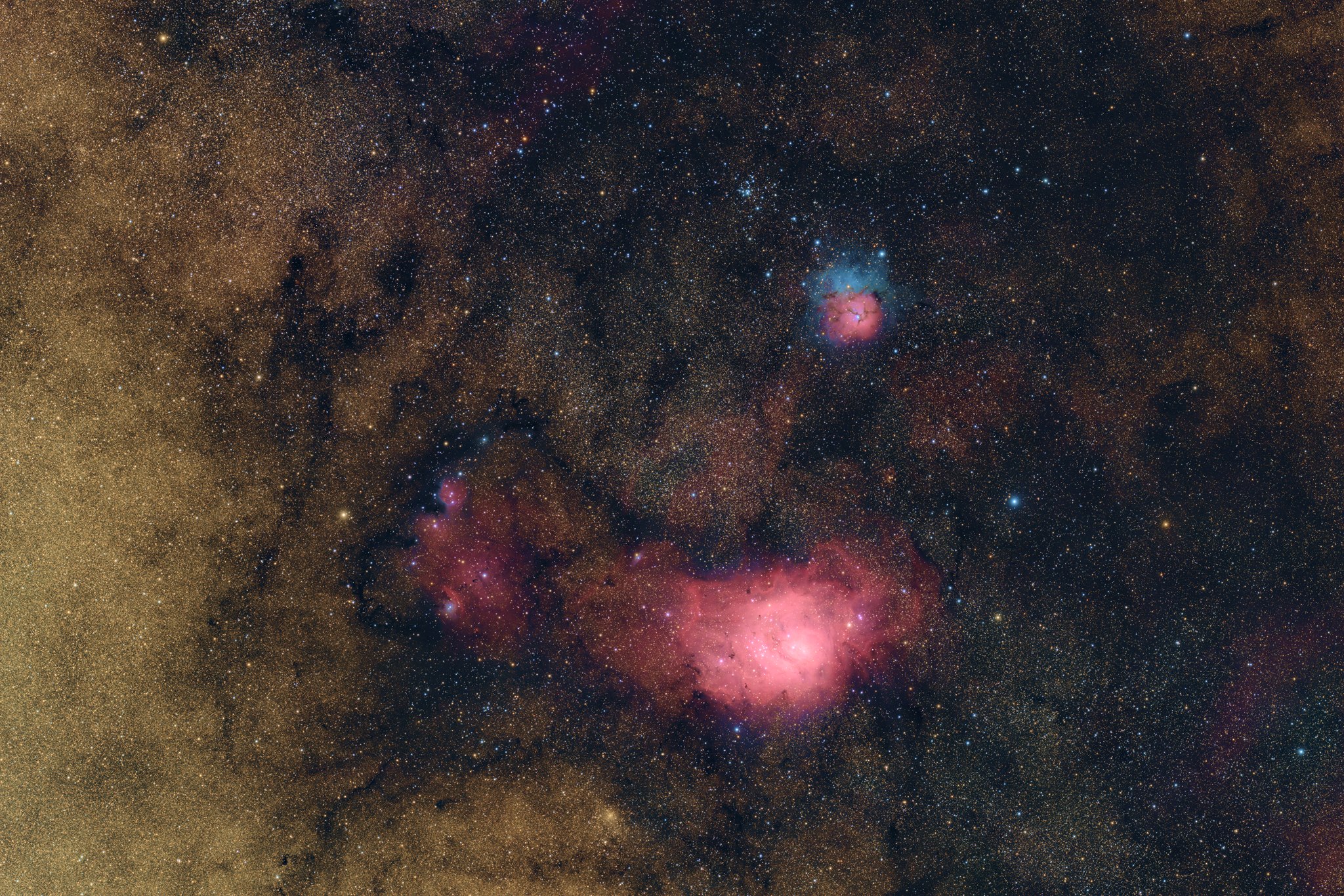 M8 Lagoon Nebula and M20 Trifid Nebula — SJH-75UF sample image (full-frame)