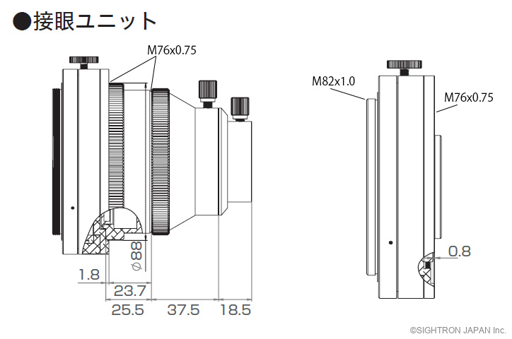 SJH-75UF eyepiece unit detail — rotator and focuser dimensions