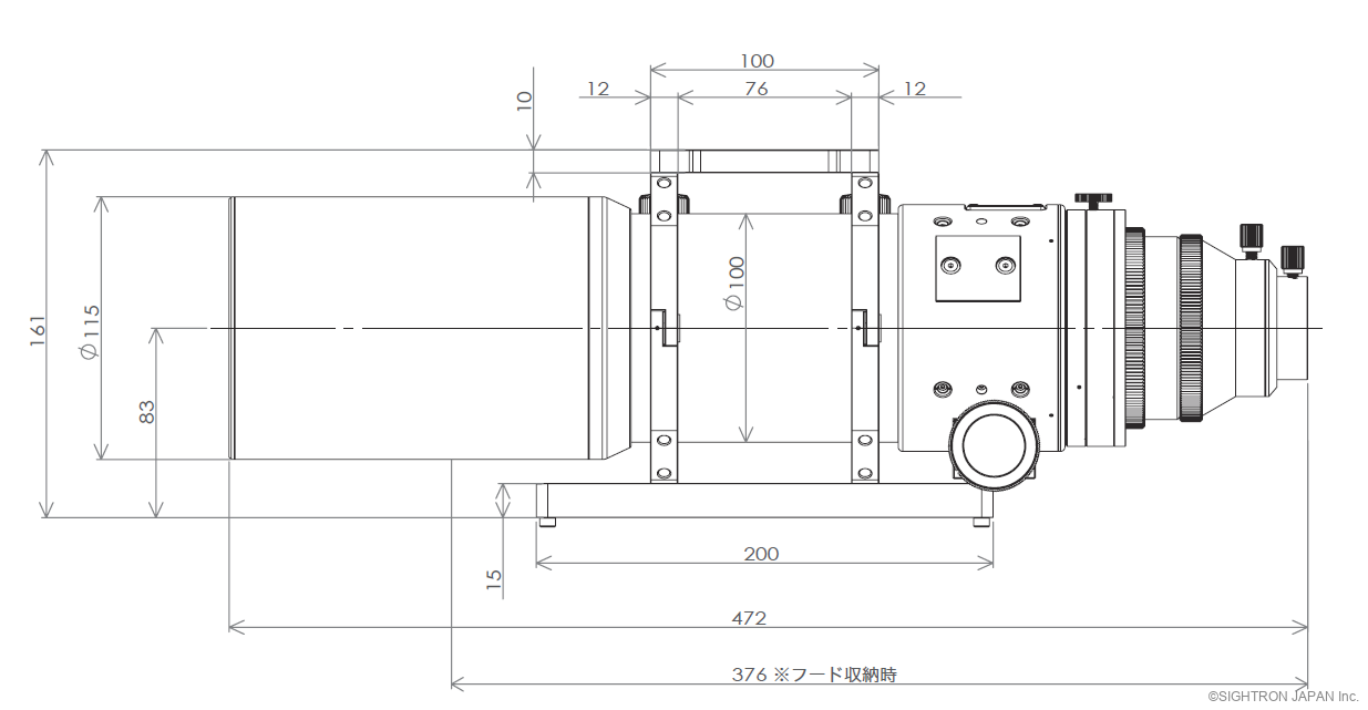 SJH-75UF dimensional drawing — overall length 472 mm (376 mm with dew shield retracted), dew shield diameter φ115 mm